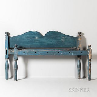 Blue-painted Maple Bed, New England, early 19th century, the vase and ring-turned posts with knob tops joined by a cutout headboard, ht