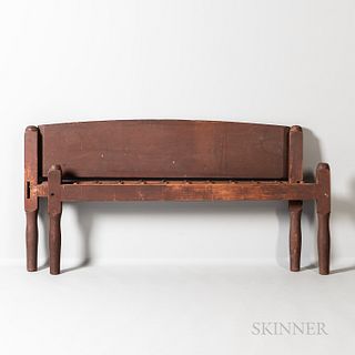 Red-painted Maple Bed, New England, 19th century, the posts with knob tops on turned swelled legs joined by arched headboard, old surfa