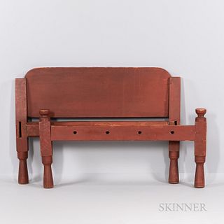 Red-painted Hired Man's Bed, New England, early 19th century, the square headposts ending in tapering turned legs joined by arched head