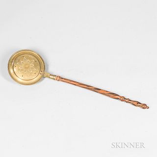 Brass Bedwarmer with Turned Painted Handle, early 19th century, the brass pan with hinged lid with tooled floral decoration, the handle
