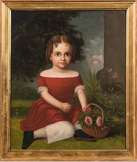 American School, 19th Century, Portrait of a Girl Holding a Basket of Roses, Unsigned., Condition: Relined, inpainting including to fac
