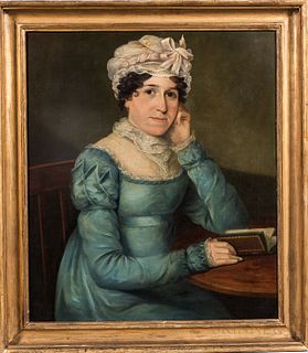 American School, Early 19th Century, Portrait of a Woman in a Blue Dress Seated at a Table with a Book, Unsigned., Condition: Relined,
