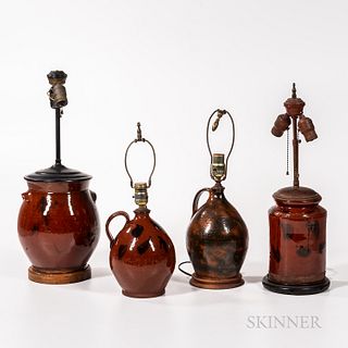 Four Redware Jars Mounted as Lamps, probably Connecticut, 19th century, two handled jugs, an ovoid jar, and a straight-sided jar, three