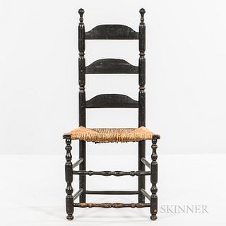 Black-painted Slat-back Side Chair, New England, 18th century, the ring-turned stiles with bulbous pommels joining arched slats on vase