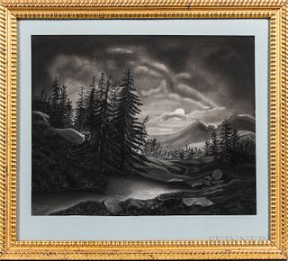 American School, Mid-19th Century, Moonlit Mountain Landscape, Unsigned., Charcoal and chalk on sandpaper, 15 1/2 x 19 1/4 in., matted,