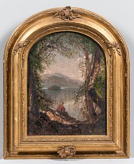 Edmund Darch Lewis, Seated at the Lake, Signed "Lewis 1863" l.l., Condition: Surface grime., Oil on canvas, 8 1/2 x 6 1/2 in., in an ar