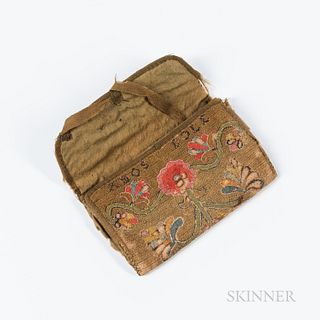 Floral-decorated Needlework Pocketbook, New England, late 18th century, the exterior with a sunflower above a pink and red blossom, the