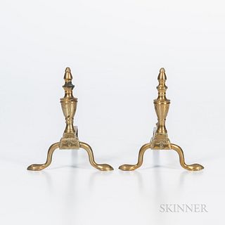 Pair of Miniature Engraved Brass and Iron Andirons, early 19th century, with urn tops, engraved drapery, and matching log stops, (disco