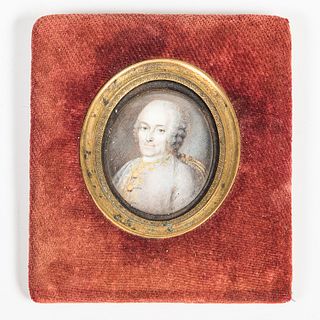 Portrait Miniature of a Gentleman, England or America, late 18th century, the subject in a powdered wig and gray jacket with brass butt