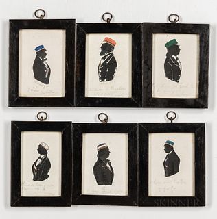 Six Silhouettes of Hatted Gentlemen, Continental Europe, mid-19th century, each man shown bust-length, with painted hat and accessory d