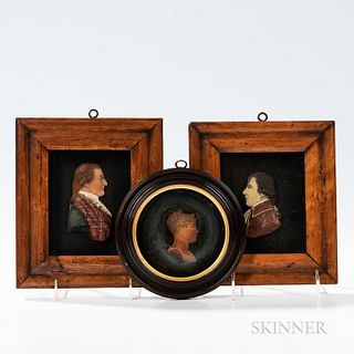 Three Molded Wax Profile Portraits, England, 19th century, including a woman in a circular frame inscribed "Marie Louise," and two gent