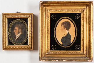 Two Watercolor Profile Portrait Miniatures, New England, early 19th century, the larger of a woman with curly hair in an updo wearing a