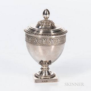 Small Silver Covered Sugar Urn, 19th century, the unmarked urn with molded rim decoration on a narrow stem with rope decoration and sma