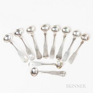 Ten Coin Silver Salt Spoons, America, early 19th century, including examples with sheaf-of-wheat terminals or shell-adorned bowls, mark