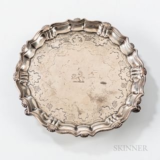 Georgian Sterling Silver Footed Salver, John Tuite, London, 1737, with piecrust and shell edge, slipper feet and engraved reserve, dia.