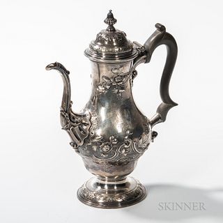 Georgian Sterling Silver Coffeepot, William Grundy, London, c. 1760, tall baluster body with shell-decorated spout, repousse body and e