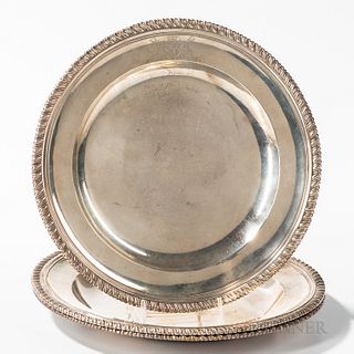 Three Georgian Sterling Silver Plates, one by Daniel Piers, two by Sabastian & James Crespell, London, 1757/1765, one plate and two sou