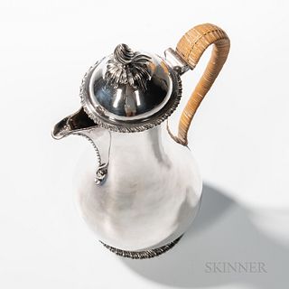 Georgian Sterling Silver Ewer, David Whyte & William Holmes, London, 1766, tall baluster form with gadrooned rim and foot, hinged lid w