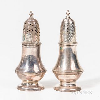 Two Coin Silver Pepper Pots, N. Harding & Co., Haverhill, Massachusetts, third quarter 19th century, with baluster bodies, pierced tops