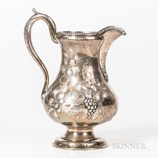 Coin Silver Pitcher, Jones, Shreve, Brown & Co., Boston, c. 1855-1858, with bead rim, embossed and engraved grapes and vine decoration