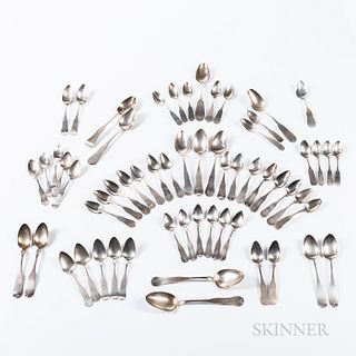 Approximately Seventy-two Coin Silver Spoons, mostly Massachusetts and New Hampshire, early 19th century, New Hampshire pieces include