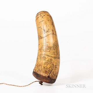 Carved American Powder Horn, dated 1792, decorated with a farm and hunting scenes, thick wood plug with brass knob, (missing spout), lg