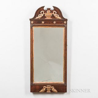 Neoclassical Walnut and Gilt-gesso Mirror, probably England, c. 1810, the broken arch-molded crest centering an urn flanked by ribbons