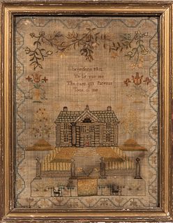 Needlework Sampler with House, early 19th century, with meandering vine border centering a mansion and grassy yard, and the verse "I ha