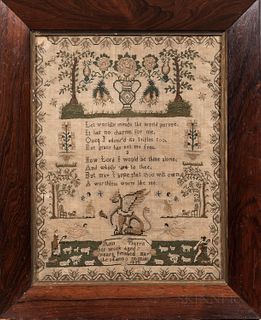 Needlework Sampler "Ann Harris," probably England, 1830, centering verse, (losses to upper left hand corner), 16 1/4 x 12 1/2 in., in a