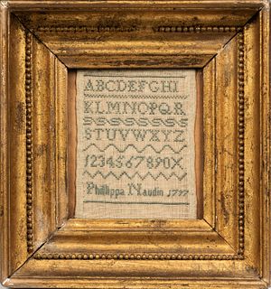 Small Needlework Sampler "Phillipa Naudin," stitched with alphabet, numerals, and decorative work, with maker's name and date "1797," i