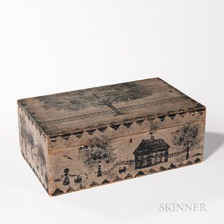 Paint-decorated Pine Box, New England, mid-19th century, the rectangular box with hinged lid opens to a divided well, overall light gra