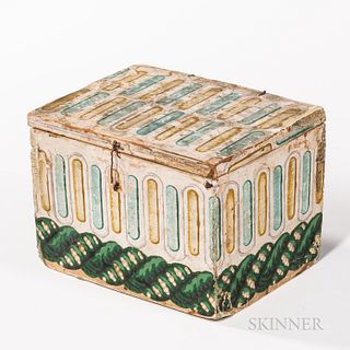 Small Wallpaper-covered Box, 19th century, lid opens on wire hinges, covered all over with white paper ornamented with alternating blue
