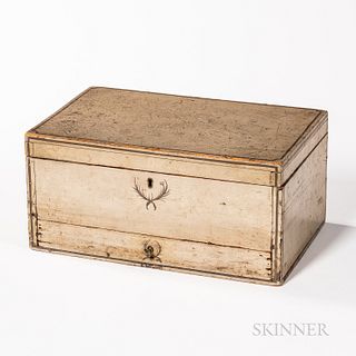 White-painted and Paint-decorated Box with Drawer, Maine, c. 1811, the hinged lid opens to a well, above a single shallow drawer below,