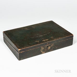 Green-painted Stenciled Box, probably New England, c. 1820-30, dovetail-constructed box with gilt and white design of a fruit-filled ba