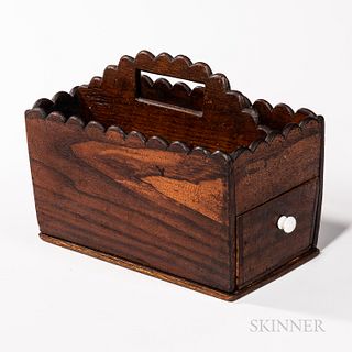 Grain-painted Chestnut Box with Drawer, late 19th century, the scalloped rim above a well with tall pierced and scalloped divider, all