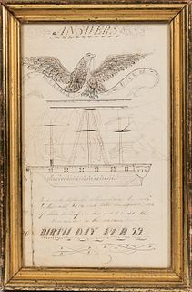 Lesson Book Page of Calligraphy and Arithmetic Questions and Answers, New England, early 19th century, spreadwing eagle and banner "E P