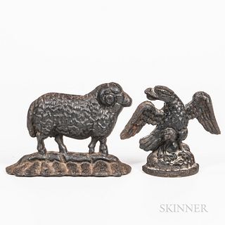 Cast Iron Eagle and Sheep Doorstops, America, late 19th century, old black paint, ht. to 6 1/2 in.