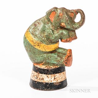 Cast Iron Circus Elephant Doorstop, Taylor Cook, c. 1930, marked on the reverse "No. 2, c 1930, TAYLOR COOK," original paint, (wear and