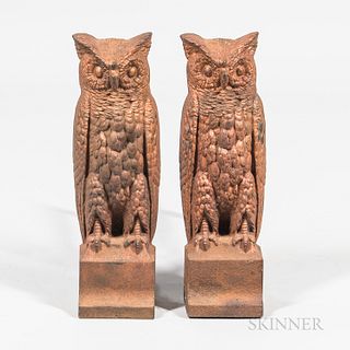 Pair of Bronze-painted Cast Iron Owl Andirons, Bradley & Hubbard, Meriden, Connecticut, late 19th/early 20th century, marked "B&H" and
