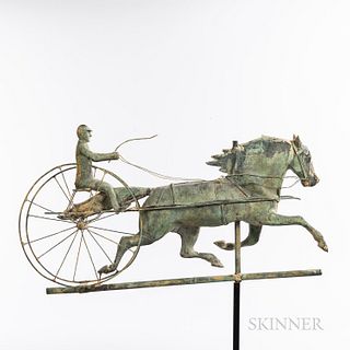 Molded and Gilt Sheet Copper Horse and Sulky Weathervane, late 19th century, the full-body form with molded details, wire wheels and re