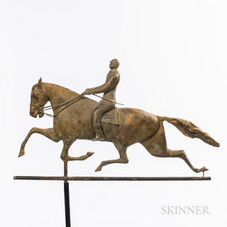 Molded Sheet Copper and Cast Iron Horse and Jockey Weathervane, late 19th century, the flattened full-body form with cast iron head, mo