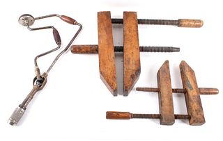 Early 1900's Wooden Clamps & Hand Drill