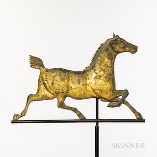Molded and Gilt Sheet Copper Hackney Horse Weathervane, late 19th century, the flattened full-body form of a trotting horse with clippe