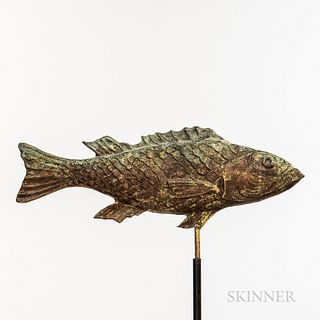 Molded and Gilt Sheet Copper Fish Weathervane, late 19th century, with verdigris and gilt surface, lg. 26 1/2 in.