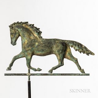 Molded and Gilt Sheet Copper Running Horse Weathervane, late 19th century, the slightly flattened full-body form with molded details, o