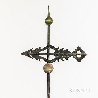 Two Small Pierced Sheet Copper Bannerette with Arrow Weathervanes, late 19th century, each topped with a point and ball, one on a turne