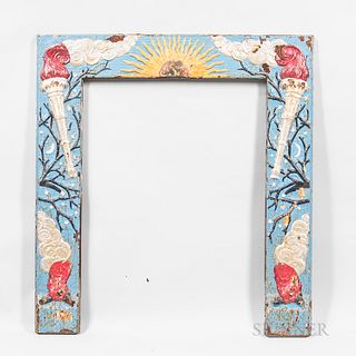 Paint-decorated Cast Iron Fraternal Fireplace Surround, late 19th century, with surface in relief depicting a central sun and flaming t
