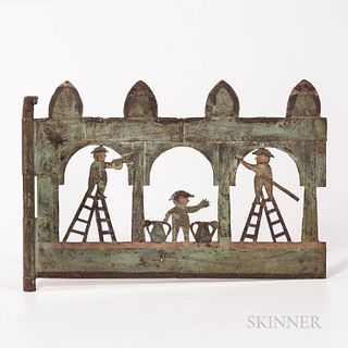 Painted Sheet Iron Builders' Trade Sign, America, 19th century, designed as a pierced arcade with men on stepladders and engaged in con