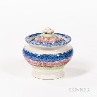 Blue, Red, and Green Rainbow Spatterware Covered Sugar Bowl, England, 19th century, the domed lid with floral knop above the baluster-f