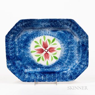 Octagonal Blue Spatterware "Cluster of Buds" Pattern Platter, England, 19th century, paneled border decorated in allover blue spatter,